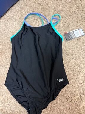 Speedo Black One-Piece Swimsuit with Teal & Lilac Straps